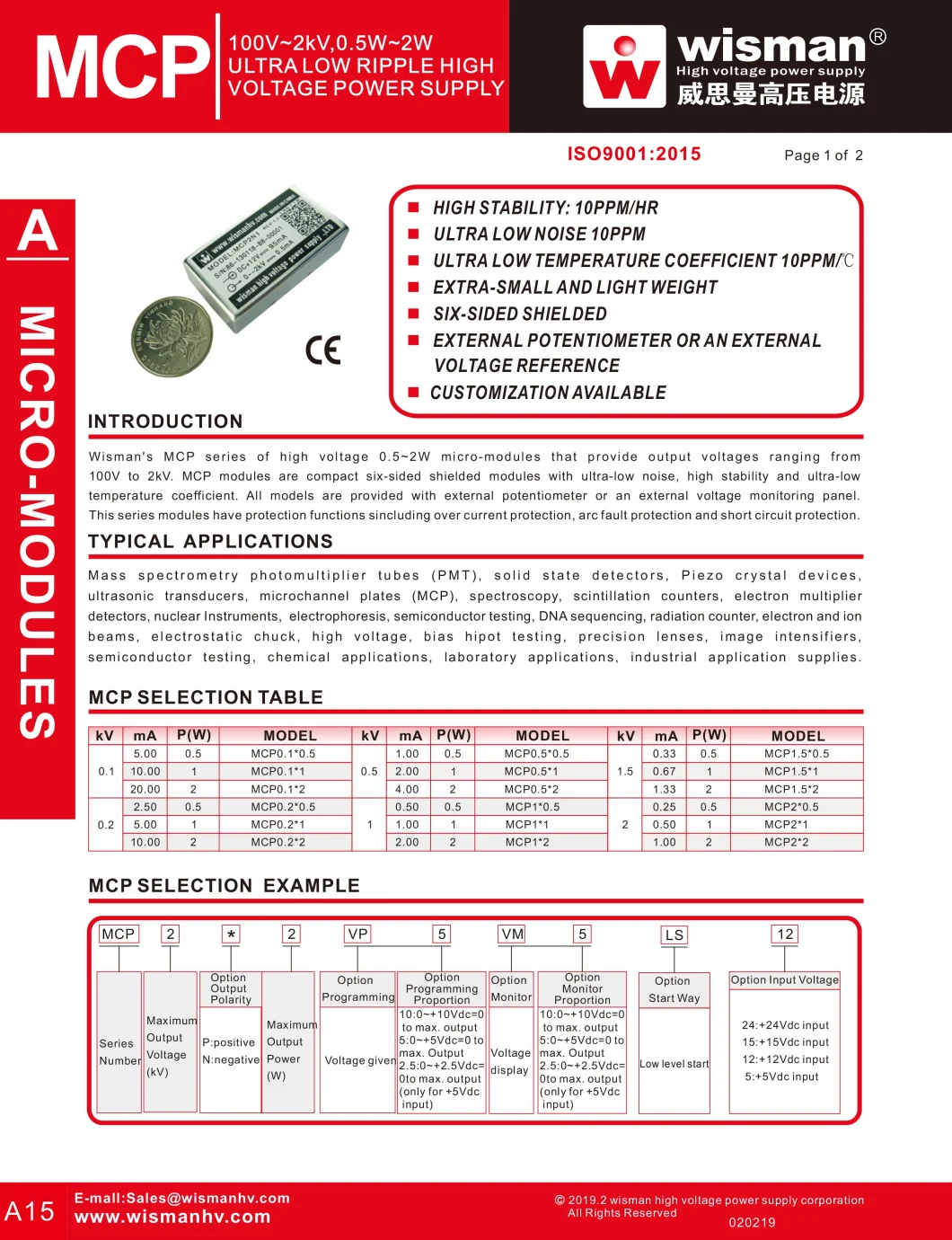 MCP Series DC High Voltage Power Supply for Scintillation Counters (100V-2kV, 0.5W-2W)